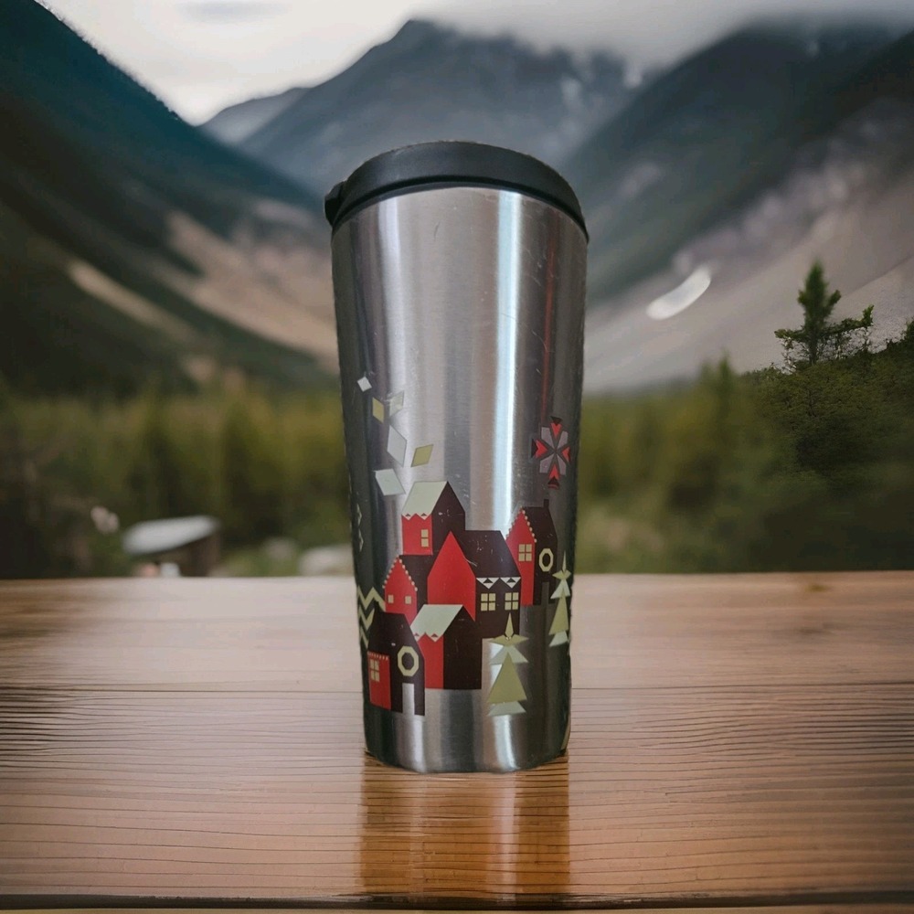 Starbucks Holiday Red Poinsettia 16oz Travel Metal 2013 Snowflakes